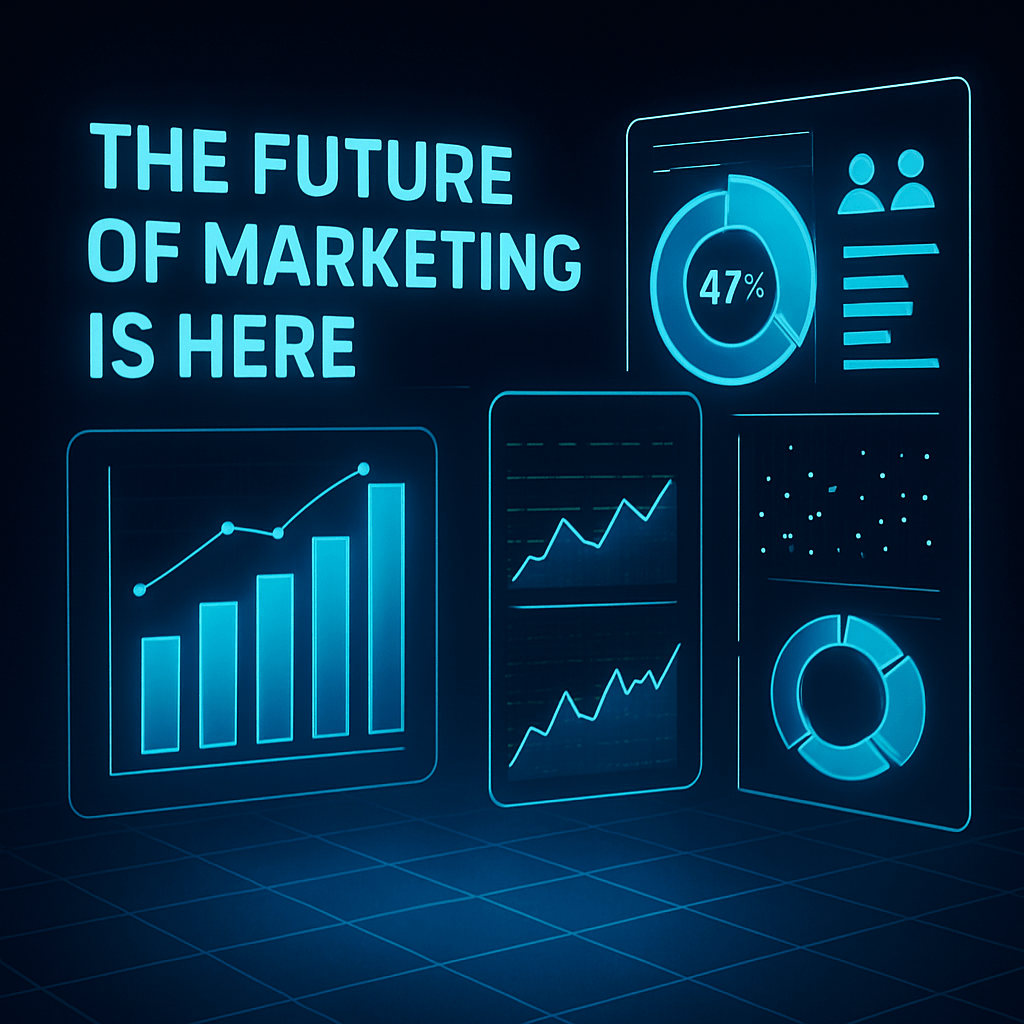 Top 10 Digital Marketing Strategies Every Business Should Know for Success in 2025 1 Futuristic digital marketing dashboard with glowing holographic charts and graphs, featuring the phrase "The Future of Marketing Is Here" in bold neon blue.