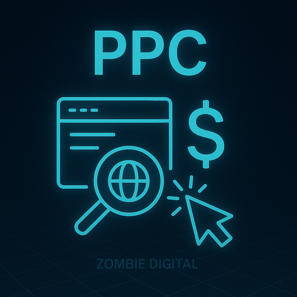 Top 10 Digital Marketing Strategies Every Business Should Know for Success in 2025 6 Futuristic PPC (Pay-Per-Click) digital graphic with glowing neon-blue icons of a web browser, dollar sign, magnifying glass, and click cursor, subtly labeled “Zombie Digital.”